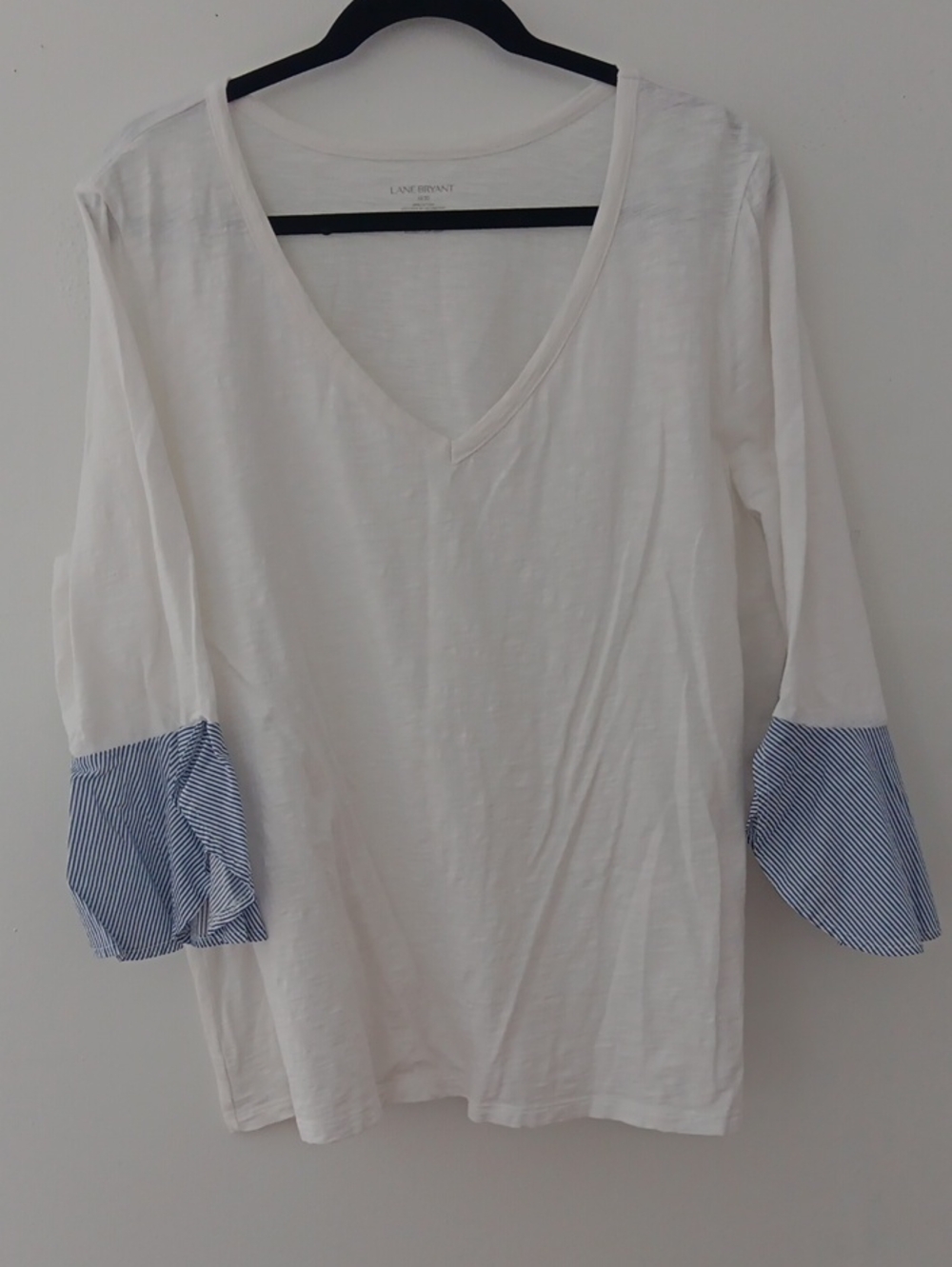 Lane Bryant White V-Neck Top with Blue Striped Bell Cuffs #3766